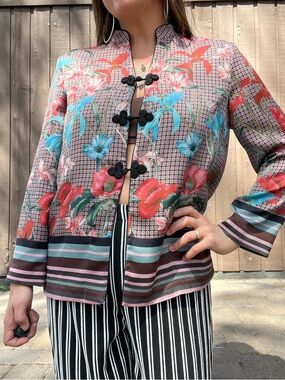 Zara Pink Floral Mandarin-Collar Jacket Small